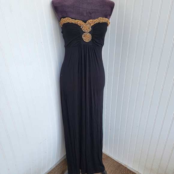 DESIGN HISTORY Womens Long BLACK Wooden BEADED  MAXI Dress Stretch Strapless S - Picture 4 of 11